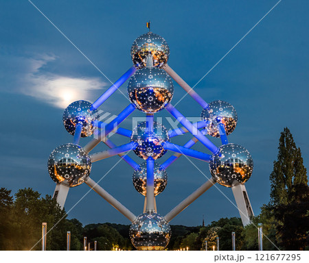 The Atomium monument by night with led light decorations and a blue sky, Brussels Capital Region, Belgium 121677295