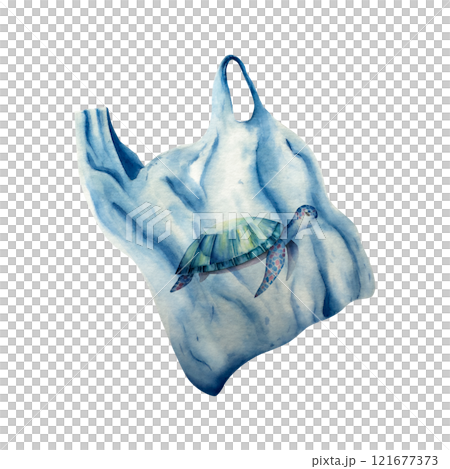 Sea turtle in plastic bag. Watercolor hand drawn cellophane illustration isolated on background. Agriculture, organic gardening, planting or ecology. Environmental, earth day. For designers, postcards 121677373