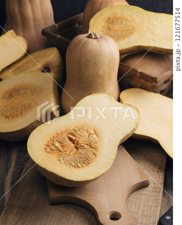 pumpkin and piece of pumpkin. Pumpkin Soup Ingredients.Copyspace. Top view. Healthy and natural food. Agriculture pumpkin and piece of pumpkin. Pumpkin Soup Ingredients.Copyspace. Top view. Healthy and natural food. Agriculture 121677514