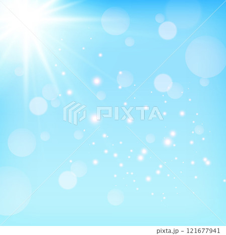 Abstract summer background with white lens flare. Blue green color blurred backdrop. Spring vacation impression wallpaper. 121677941