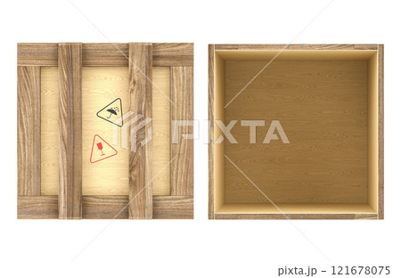 Opened and closed wood crates, parcels. Top view. Wooden boxes. 3D rendering 121678075