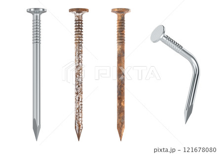 Steel Nails. New, rusty corroded old rusty nails and curved metal nail. 3D rendering 121678080