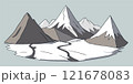 Flat graphic vector sketch of abstract snowy mountain landscape with part of mount range area contains foothills and snowcapped peaks. Simple cartoon design element for hiking tourism concept. 121678083