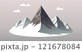 Flat graphic vector illustration of abstract snowy mountain landscape with part of mount range isolated on gray background. Simple cartoon design element for mountaineering or hiking tourism concept. 121678084