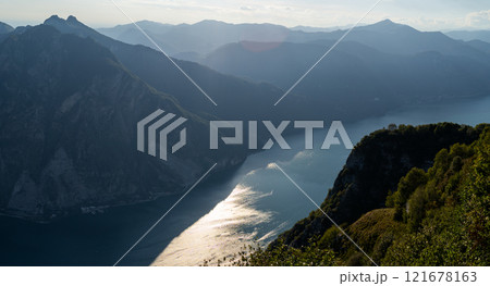 Panoramic View of Lake and Mountains at Sunset Panoramic View of Lake and Mountains at Sunset 121678163