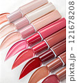 Shades of lip gloss different tones color stroke on white background. Lip gloss colorful palette of smears.  121678208