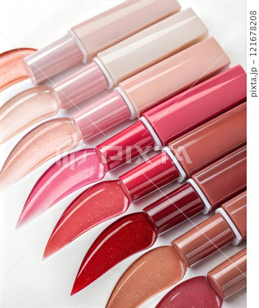 Shades of lip gloss different tones color stroke on white background. Lip gloss colorful palette of smears.  Shades of lip gloss different tones color stroke on white background. Lip gloss colorful palette of smears.  121678208