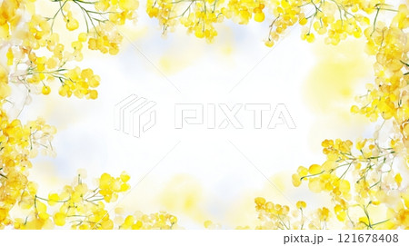 Watercolor easter card bright yellow floral of mimosa border on white background with copy space. Womens day. 121678408