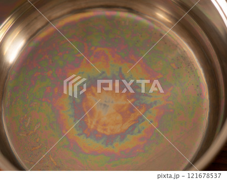 Iridescent color spots on the bottom of a stainless steel pan. Light interference in thin films. Concept of optical effects on familiar objects. Visual physics on kitchen household things Iridescent color spots on the bottom of a stainless steel pan. Light interference in thin films. Concept of optical effects on familiar objects. Visual physics on kitchen household things 121678537