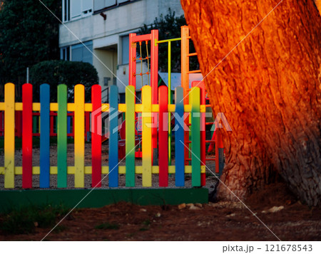 Pine tree illuminated at sunset. Tree trunk. Multicolored painted wooden boards on the fence around the playground are illuminated by the rays of the setting sun. Pula, Croatia - January 3, 2025 121678543