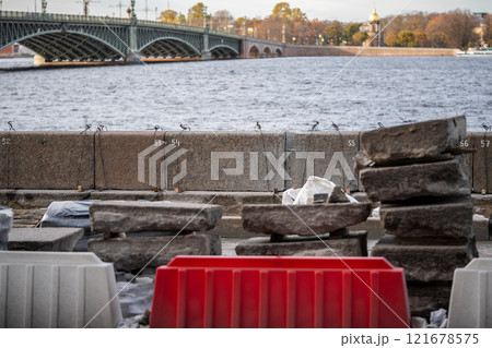 Neva river embankment maintenance. Reinforcing structure to prevent flooding under municipal care Neva river embankment maintenance. Reinforcing structure to prevent flooding under municipal care 121678575