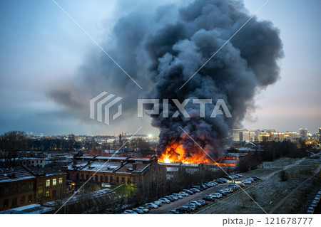 Heavy fire in a warehouse with toxic paint materials, fire crews are involved in extinguishing. Heavy fire in a warehouse with toxic paint materials, fire crews are involved in extinguishing. 121678777