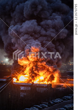 Orange smoke from flames or fires of warehouses and industrial building at night. Defective wiring. Orange smoke from flames or fires of warehouses and industrial building at night. Defective wiring. 121678795