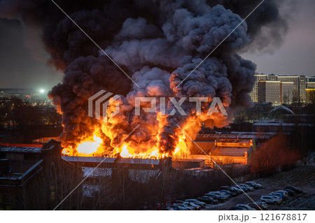 Nearby burning building with orange flames, parks and smoke from fire in residential house at night. Nearby burning building with orange flames, parks and smoke from fire in residential house at night. 121678817