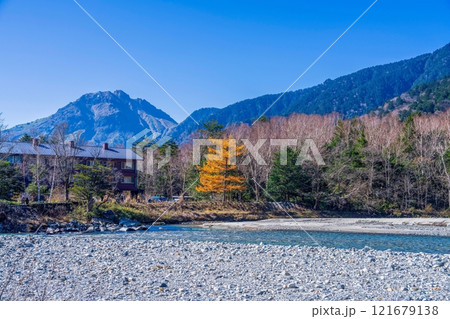 雪のない焼岳ときれいに紅葉したカラマツのコラボ情景 121679138