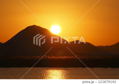 木浜内湖から見た三上山と日の出 木浜内湖から見た三上山と日の出 121679142