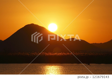 木浜内湖から見た三上山と日の出 木浜内湖から見た三上山と日の出 121679143
