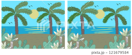 5 differences: find the differences in pictures with cacti, palm trees and the sea coast. vector graphics in cartoon style. Entertainment for children. 5 differences: find the differences in pictures with cacti, palm trees and the sea coast. vector graphics in cartoon style. Entertainment for children. 121679584