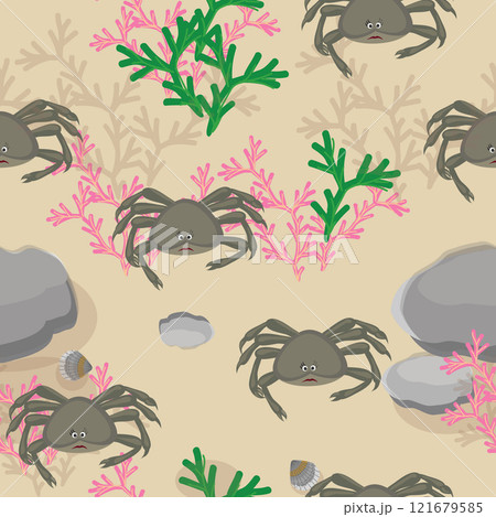 seamless pattern with crabs, corals and stones on a beige background. vector graphics 121679585