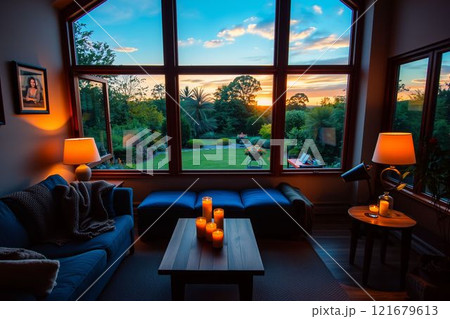 暖かい照明が灯る居心地の良いリビングルーム 暖かい照明が灯る居心地の良いリビングルーム 121679613