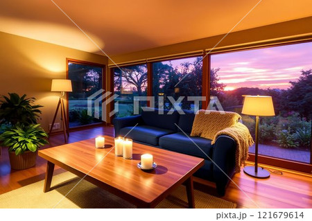 暖かい照明が灯る居心地の良いリビングルーム 121679614