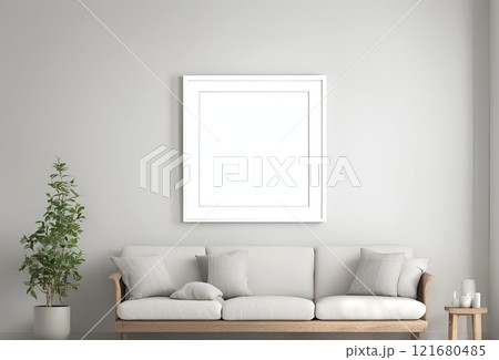 白い壁のシンプルな部屋に飾られた何も書かれていないフレーム 白い壁のシンプルな部屋に飾られた何も書かれていないフレーム 121680485