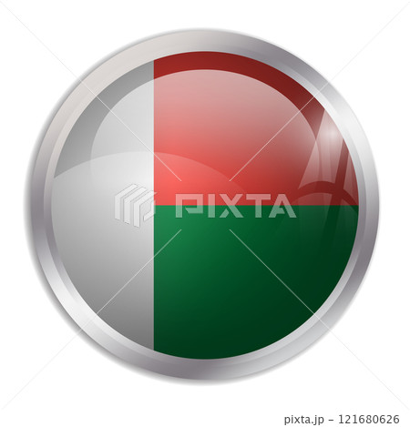 Madagascar flag - glossy circle button displays a colorful flag representing a country cultural identity and heritage. The essence of national pride and unity. 121680626