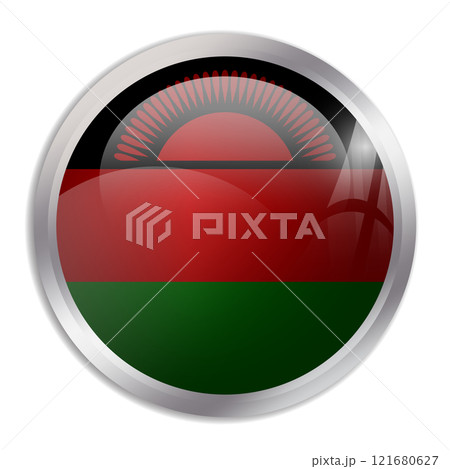 Malawi flag - glossy circle button displays a colorful flag representing a country cultural identity and heritage. The essence of national pride and unity. 121680627