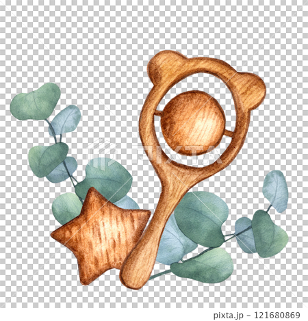 Wooden children's toys star, teddy bear ball teether, green eucalyptus sprig. For newborn boy or girl. Hand drawn watercolor illustration on white background. Eco teething accessory, nursery decor Wooden children's toys star, teddy bear ball teether, green eucalyptus sprig. For newborn boy or girl. Hand drawn watercolor illustration on white background. Eco teething accessory, nursery decor 121680869