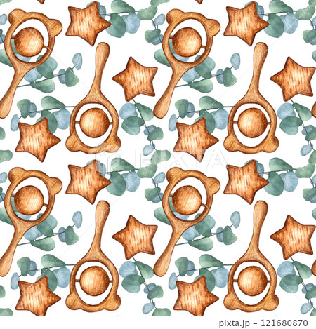 Seamless pattern with newborn wooden eco teething accessory, green eucalyptus sprig. Children toys star, teddy bear ball teether. Hand drawn watercolor illustration on white background. Nursery decor 121680870