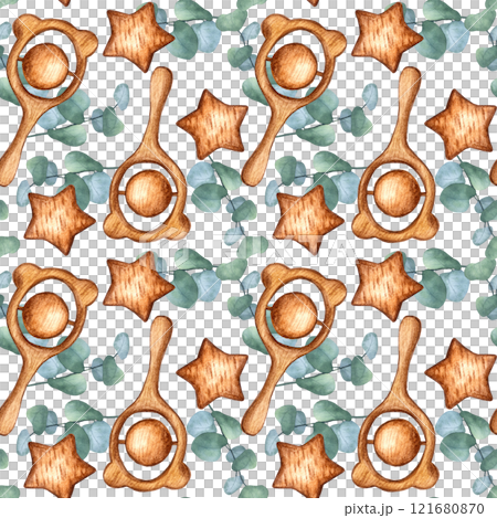 Seamless pattern with newborn wooden eco teething accessory, green eucalyptus sprig. Children toys star, teddy bear ball teether. Hand drawn watercolor illustration on white background. Nursery decor 121680870