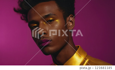 Vibrant portrait of a young male model with bold makeup and stylish attire in a striking setting Vibrant portrait of a young male model with bold makeup and stylish attire in a striking setting 121681185