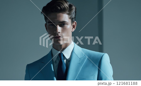 Model showcases stylish light blue suit in a modern studio setting during a fashion photoshoot 121681188
