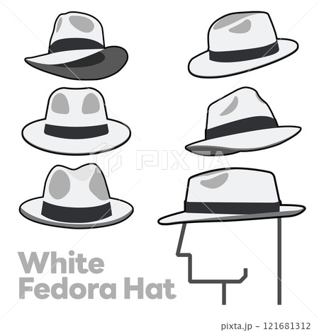 Set Blank White Fedora Hat Vector for Template. White Fedora Hat Technical Fashion Illustration. White Fedora Hat Isolated on White Background. Vector Illustration. All in a single layer. Elements for 121681312