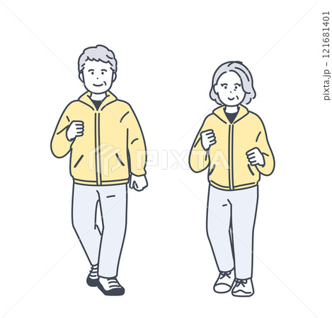 ウォーキングをするシニア夫婦のイラスト素材 ウォーキングをするシニア夫婦のイラスト素材 121681401