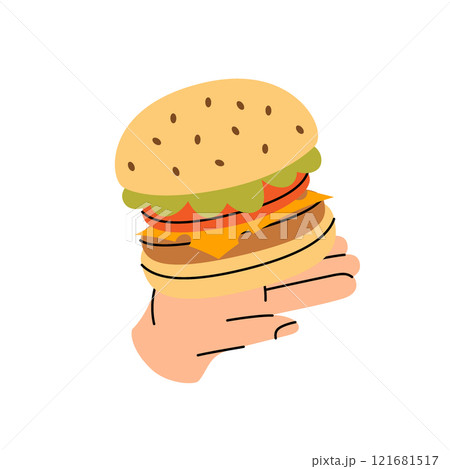 Burger hold on human hand. Traditional American fast food. Vector illustration. Burger hold on human hand. Traditional American fast food. Vector illustration. 121681517