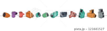 Photo camera set one line colored continuous drawing. External flash, film roll, vintage camera with bellows, photo lens with shutter. 121681527