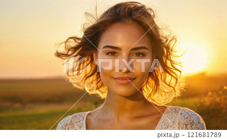 Woman with radiant smile poses against sunset backdrop in a serene outdoor setting capturing joyful moment Woman with radiant smile poses against sunset backdrop in a serene outdoor setting capturing joyful moment 121681789