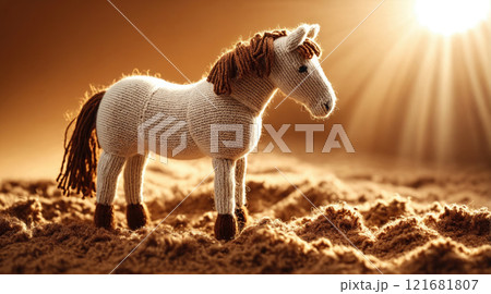 Crafted horse stands on sandy ground illuminated by warm sunlight at golden hour 121681807
