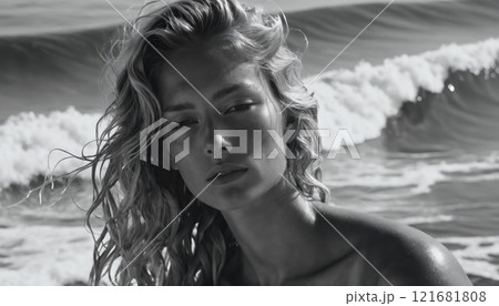 Beautiful woman with tousled hair poses by ocean waves on a sunny day at the beach 121681808