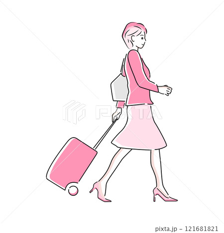 出張に向かうキャリーケースを引くビジネスウーマンのイラスト 121681821