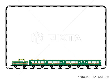 おもちゃ風のくしろ湿原ノロッコ号と線路のフレームイラスト おもちゃ風のくしろ湿原ノロッコ号と線路のフレームイラスト 121681986