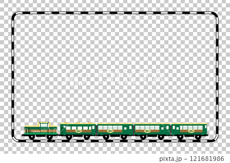 おもちゃ風のくしろ湿原ノロッコ号と線路のフレームイラスト おもちゃ風のくしろ湿原ノロッコ号と線路のフレームイラスト 121681986