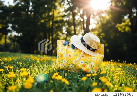 花柄バッグと麦わら帽子が彩る夏の風景 121682069