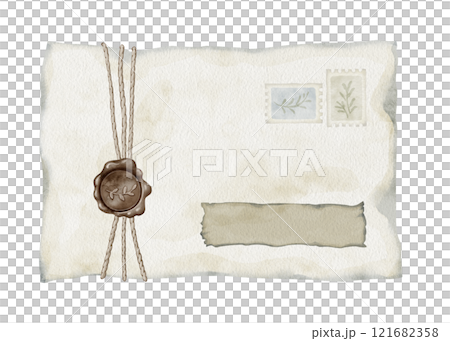Watercolor illustration of envelope with a wax seal, tied with a rope. Ideal for greeting cards, logos, vintage-themed designs, and communication-related content such as letters and personal messages. Watercolor illustration of envelope with a wax seal, tied with a rope. Ideal for greeting cards, logos, vintage-themed designs, and communication-related content such as letters and personal messages. 121682358