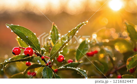 Bright morning sunlight glistens on holly leaves with vibrant red berries and dew droplets in a serene garden setting Bright morning sunlight glistens on holly leaves with vibrant red berries and dew droplets in a serene garden setting 121682447