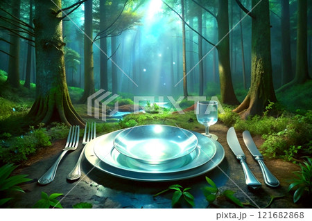 Camping,picnic.Dinnerware set.plate,fork,knife,glass in forest 121682868