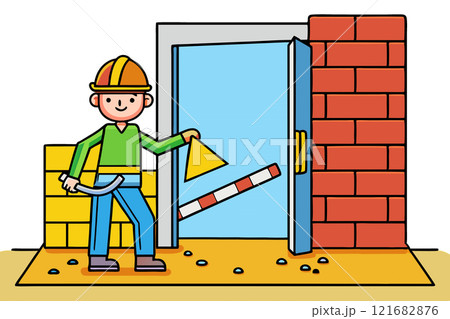 The construction site.Cool construction worker in a protective helmet 121682876