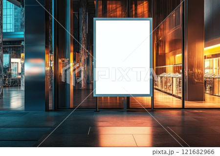 A large white sign hangs in front of a building with a shiny 121682966
