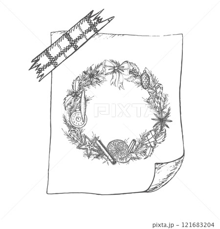 Christmas wreath made of fir branches and holly with cookies, corn, mandarin, cinnamon, anis and bow on sticker note Graphics illustration. Can use on postcard and wrapping paper, Christmas textiles 121683204